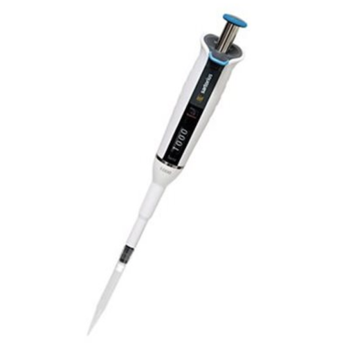The Tacta Mechanical Pipette, Single Channel, 100–1000μL (Sartorius), features a digital volume display and blue push button for precise liquid handling.