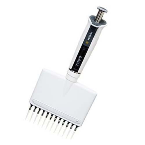 SA LH-729220 The Sartorius Tacta Mechanical Multichannel Pipette features 12 channels, a digital volume display, and dispenses 0.5–10μL with precise control in a white and gray design.