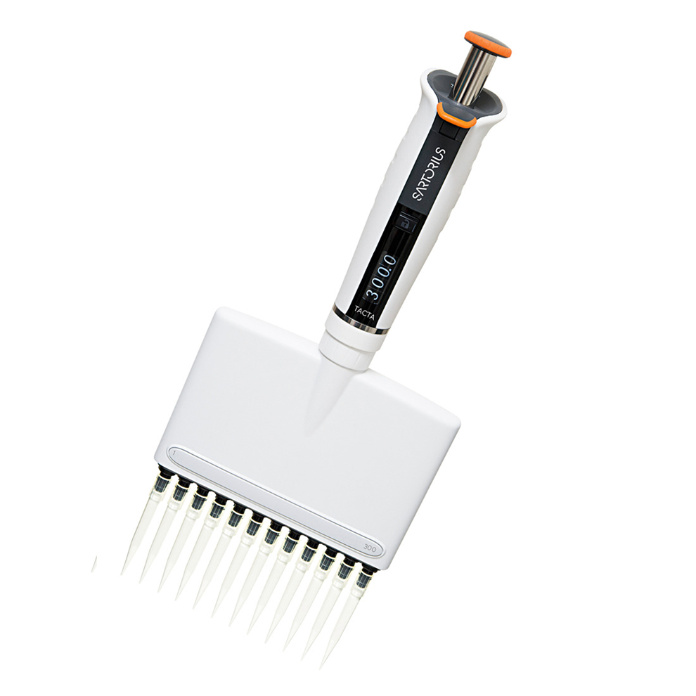 SA LH-729240 The Tacta Mechanical Multichannel Pipette, 12-channel, 30-300μL (Sartorius) is used in labs for precise liquid handling and features a mechanical design with twelve channels for simultaneous pipetting.