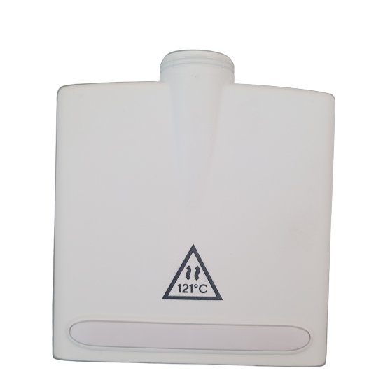 SA LH-736104 The ELINE/Picus/Picus NxT Tip Cone Housing, Autoclavable 8 Channel 120μL (Sartorius), features a white plastic container with screw cap, heat warning symbol, and 121°C label on the front for safe sterilization.