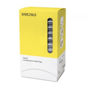 A white Sartorius Optifit Refill Tower box labeled Low Retention, with a clear window showing stacked 10μL pipette tips; contains 960 tips (10 x 96), 31.5mm.