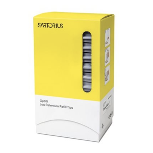 SA LH-790012 A white Sartorius Optifit Refill Tower box labeled Low Retention, with a clear window showing stacked 10μL pipette tips; contains 960 tips (10 x 96), 31.5mm.