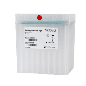A sterile plastic box labeled SafetySpace Filter Tip Single Tray Rack, 1000μL, Blue, Sterile, 10x96 (Sartorius) contains 960 filter tips with product and lot info on the front.