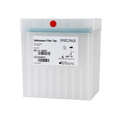 SA LH-795001F A sterile plastic box labeled SafetySpace Filter Tip Single Tray Rack, 1000μL, Blue, Sterile, 10x96 (Sartorius) contains 960 filter tips with product and lot info on the front.