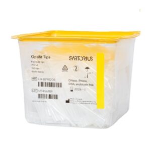 A clear plastic box labeled “Optifit FlexiBulk Pipette Tips, 0.5-200μL, Yellow, Non-Sterile, 51mm” from Sartorius contains 960 pipette tips for accurate lab use.
