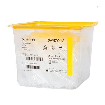 SA LH-B790204 A clear plastic box labeled “Optifit FlexiBulk Pipette Tips, 0.5-200μL, Yellow, Non-Sterile, 51mm” from Sartorius contains 960 pipette tips for accurate lab use.