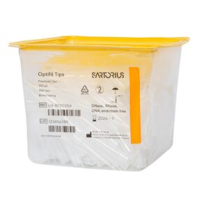 A clear plastic container labeled Optifit FlexiBulk Tips, 5-350μL, Orange, 54mm, 960 Tips (Sartorius) holds 960 pipette tips with specs and expiry date printed on the side.