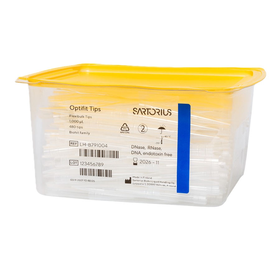 SA LH-B791004 A blue Optifit FlexiBulk container holds 480 Sartorius tips (10-1000µL, 71.5mm); DNase, RNase, and endotoxin free.