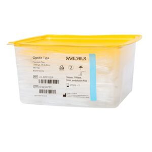 A light blue Optifit FlexiBulk Tips box by Sartorius (10-1000μL, Wide Bore, 68.5mm) contains 480 DNase-, RNase-, DNA-, and endotoxin-free pipette tips—ideal for convenient lab use.