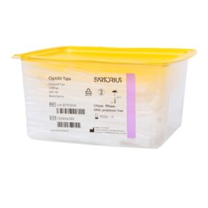 A plastic container with a light purple lid labeled Optifit FlexiBulk Tips, 50-1200μL, 71.5mm (480 count), Sartorius, with product and lot info on the front.