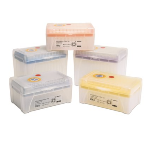 Five pastel translucent storage boxes with lids, labeled and stickered, perfect for organizing 960 Tips from the Optifit Single Tray Rack, 10μL, White, Low Retention (Sartorius), or storing matching tray rack accessories.
