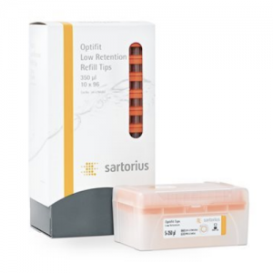 Optifit Refill Tower, 350μL, Orange, Low Retention, 54mm, 10x96 (960 Tips) by Sartorius shown with refill tower box and plastic storage container.