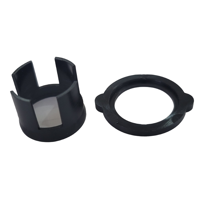 SA_726163 Two black plastic parts—a slotted cylinder and a flat ring with notches—compatible as the mLINE Tip Ejection Adapter and Collar, Multichannel (Sartorius).