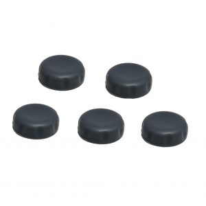 A set of five dark grey Sartorius mLINE Caps for single and multichannel pipettes (all volumes) is displayed on a white background.