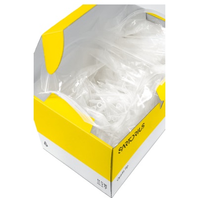Sartorius Non-Sterile Bulk in Bag A white Sartorius Optifit Bulk Tips box contains 1000 clear plastic 10µL tips (31.5mm), ideal for precise laboratory work.