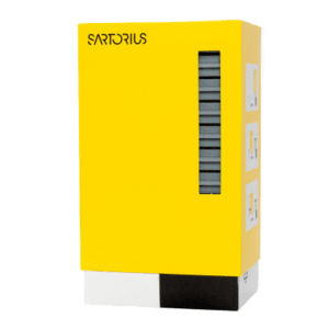 A white Sartorius Optifit Refill Tower lab dispenser holds 960 stacked 10μL tips (10 x 96), measuring 31.5mm, with a vertical window and three side compartments.