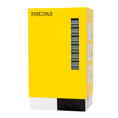Sartorius Optifit Refill Tower A white Sartorius Optifit Refill Tower lab dispenser holds 960 stacked 10μL tips (10 x 96), measuring 31.5mm, with a vertical window and three side compartments.