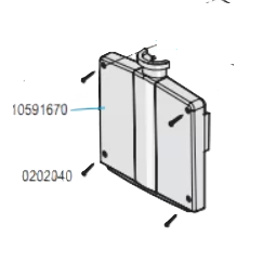 TS 10591670 Black and white diagram of the Finnpipette Multistepper Body Cover 2, 250μL (Thermo Scientific), labeled “10591670,” with four screws (“0202040”) at each corner; compatible with Finnpipette Multistepper and 250μL use.