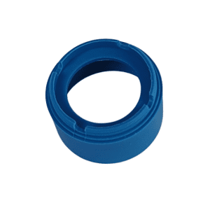 A blue Finnpipette Novus Tip Ejector Upper Part (Single Channel, 1000μL, Thermo Scientific) made of plastic with ridged inner edges and an open center is shown on a white background.