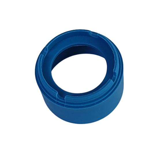 A blue Finnpipette Novus Tip Ejector Upper Part (Single Channel, 1000μL, Thermo Scientific) made of plastic with ridged inner edges and an open center is shown on a white background.