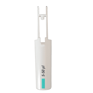 The Finnpipette F1 Tip Ejector Pusher Lower Part, 50μL Micro (Thermo Scientific), a white plastic holder labeled "5-50 µl," is shown upright on a plain background.