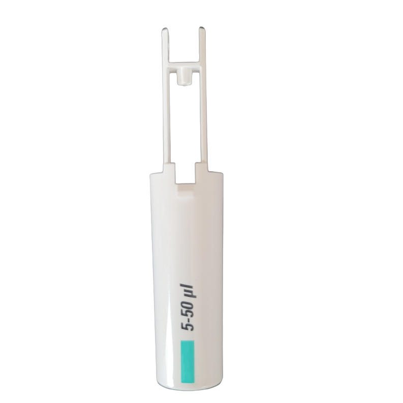 The Finnpipette F1 Tip Ejector Pusher Lower Part, 50μL Micro (Thermo Scientific), a white plastic holder labeled "5-50 µl," is shown upright on a plain background.