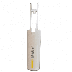 A white Thermo Scientific Finnpipette F1 ClipTip Tip Ejector Pusher Lower Part, 5-50 μL, is displayed against a white background, compatible with Finnpipette F1 and ClipTip Tip Ejector systems.