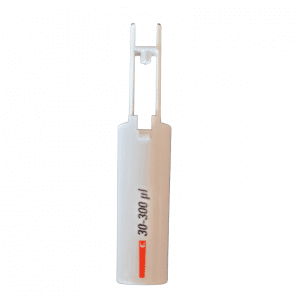 A white Finnpipette F1 ClipTip Tip Ejector Pusher Lower Part (30-300μL, Thermo Scientific) with clear markings, shown on a white background.