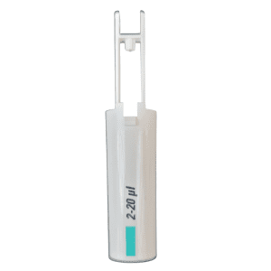 A white Finnpipette F1 Tip Ejector Pusher Lower Part, 20μL Micro (Thermo Scientific), with a blue band is shown standing upright against a white background.
