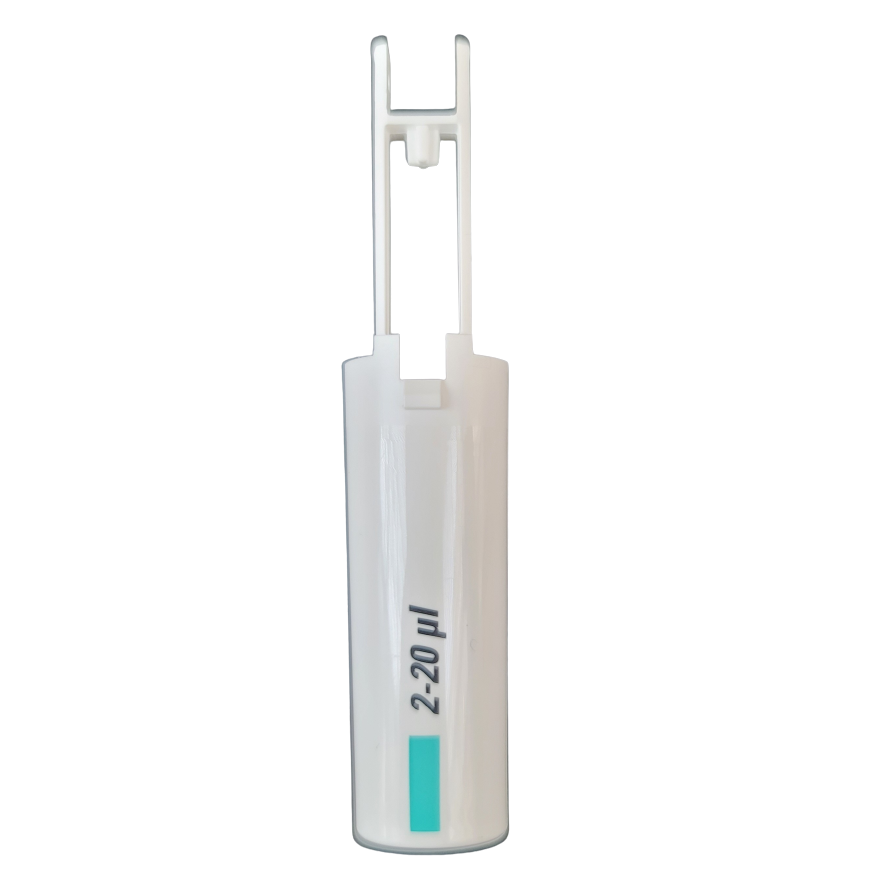 A white Finnpipette F1 Tip Ejector Pusher Lower Part, 20μL Micro (Thermo Scientific), with a blue band is shown standing upright against a white background.