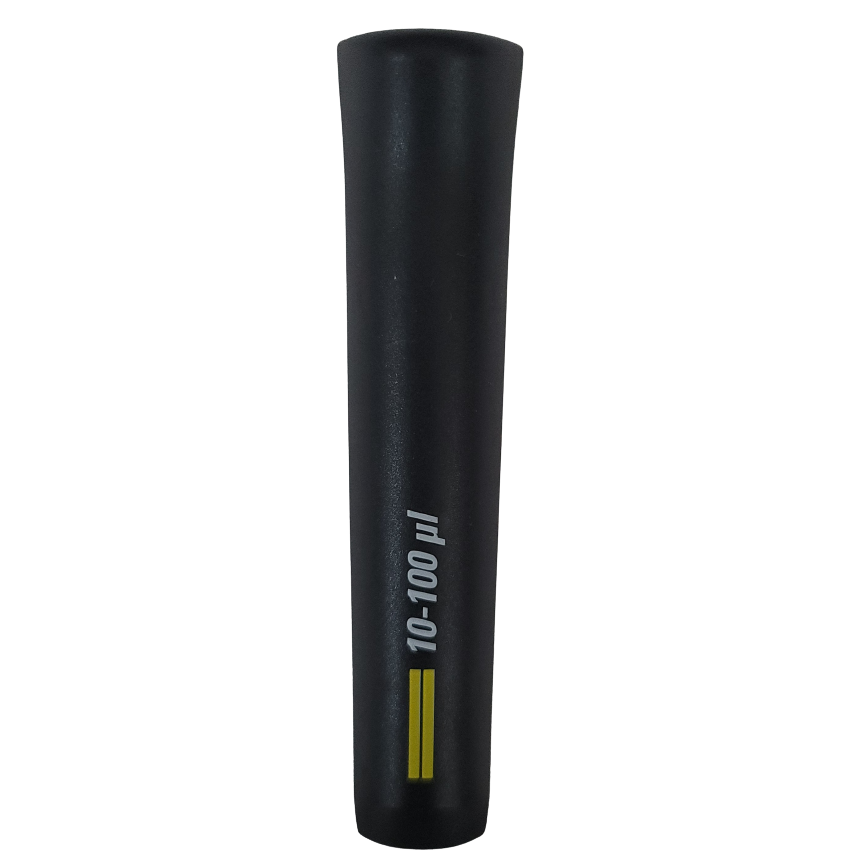TS 1063625 A black cylindrical pH probe labeled 10-100 pH with a yellow band near the bottom is pictured next to a Thermo Scientific Finnpipette F2 Tip Ejector Pusher, 100μL (Older Version).