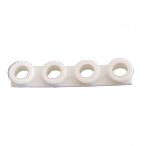 A white Finnpipette F1 ClipTip Tip Ejector Pusher Lower Part (5-50μL, Thermo Scientific) with four evenly spaced round holes is shown against a plain white background.