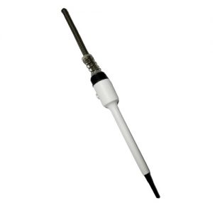 A white Finnpipette F3 Tip Cone Assembly (20μL) by Thermo Scientific, featuring a black tip cone and metal spring near the handle, offers precision comparable to other Finnpipette F3 instruments.