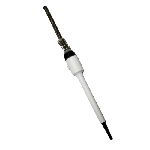 A white Finnpipette F3 Tip Cone Assembly (20μL) by Thermo Scientific, featuring a black tip cone and metal spring near the handle, offers precision comparable to other Finnpipette F3 instruments.
