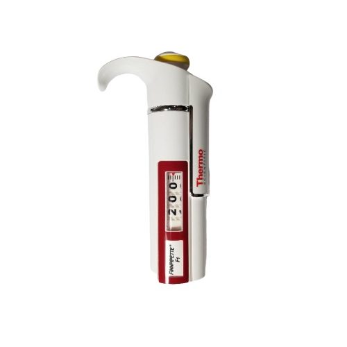 The Finnpipette F1 Handle, 20-200μL (Thermo Scientific), is shown in white and red with a display set to 200μL.