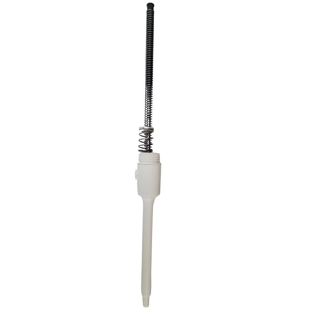 A white plastic Finnpipette F1 device with a long handle and vertical metal spring, fitted with the Thermo Scientific Finnpipette F1 Tip Cone Assembly, 300μL.