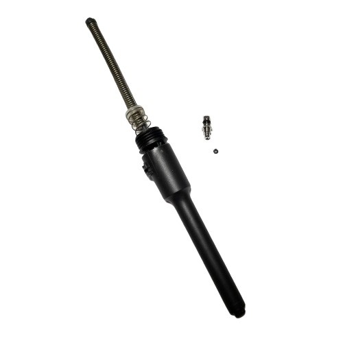 A metal automotive shock absorber rod with a spring, a valve, and a ball bearing is displayed next to a Thermo Scientific Finnpipette F1 ClipTip Tip Cone Assembly, Metal Tip Fitting, 100μL on a white background.