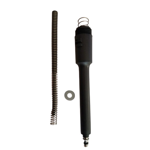 Components from the Finnpipette F1 ClipTip Tip Cone Assembly, Metal Tip Fitting, 300μL (Thermo Scientific)—a metal rod with handle, large coiled spring, small spring, and washer—are arranged on a white background.