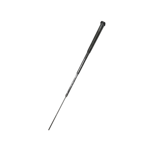 A black retractable radio antenna, fully extended against a white background, stands upright with the precision of a Thermo Scientific Finnpipette F1 ClipTip Piston Single Channel 10μL.