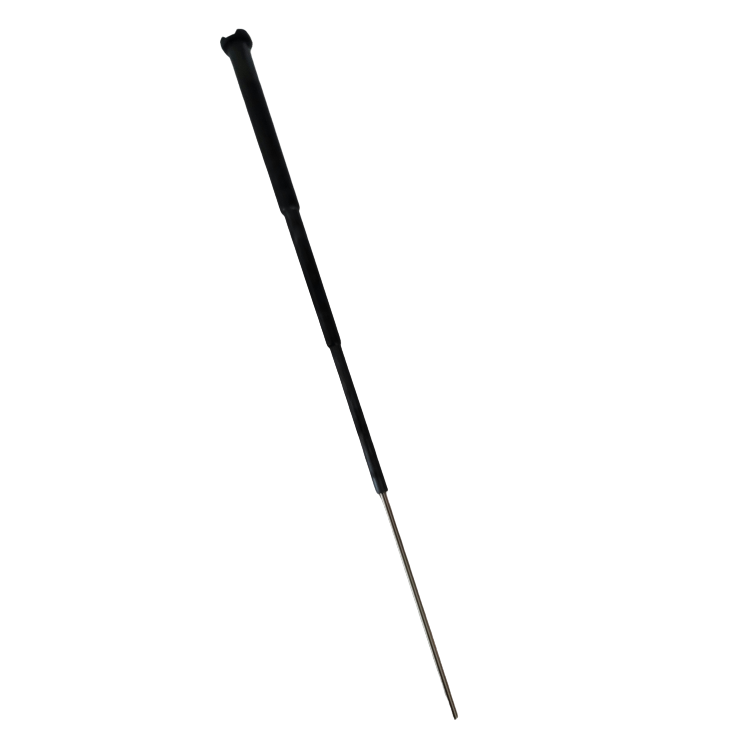 A black telescopic baton is fully extended against a white background, evoking the sleek precision of the Finnpipette F1 ClipTip Piston Single Channel 200μL by Thermo Scientific.