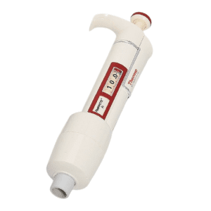 A Thermo Scientific Finnpipette F1 Tip Cone Assembly for 10mL micropipettes is shown with a labeled component and digital volume display.