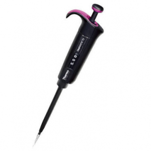 A black Thermo Scientific Finnpipette F2 single channel variable volume pipette (0.2-2μL micro) with a pink button and tip is shown on a white background.