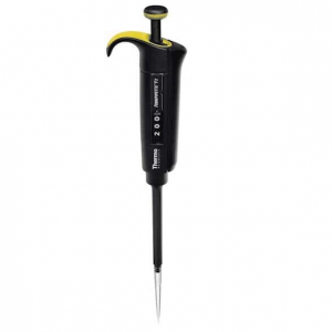 A black and yellow Thermo Scientific Finnpipette F2 Single Channel Variable Volume Pipette (20-200μL) labeled for 200 μl, with a disposable tip attached.