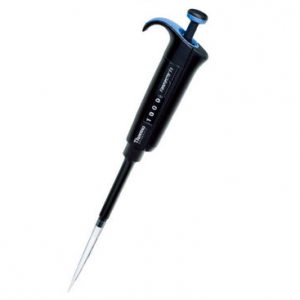 A black Thermo Scientific Finnpipette F2 single channel variable volume pipette (0.2-2μL micro) with a blue button and transparent disposable tip attached.