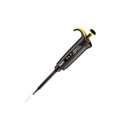 TS 4642130 The Finnpipette F2 Pipette, Single Channel, Variable Volume, 5-50μL (Thermo Scientific) is a black laboratory tool with a yellow button designed for precise measurement and transfer of small liquid volumes.