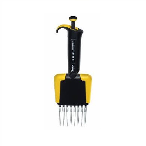 TS 4662010 A pink Thermo Scientific Finnpipette F2 multichannel pipette with eight channels (1-10 μL) stands upright on a white background.