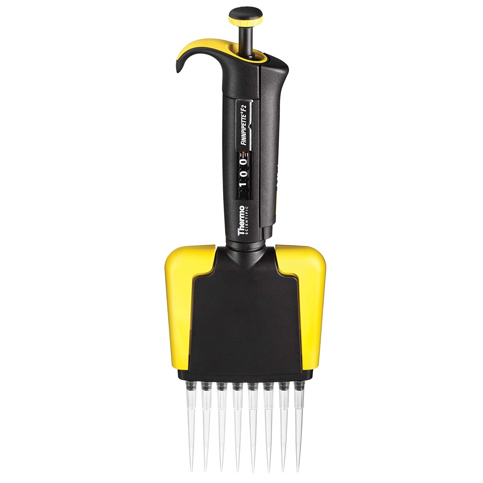 TS 4662020 A pink Thermo Scientific Finnpipette F2 Multichannel Pipette with 8 channels (1-10μL), ideal for transferring small liquid volumes in laboratory settings.