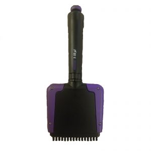 A black and purple pet grooming brush with a wide rectangular head, rubber grip handle, and short, evenly spaced bristles—engineered for ergonomic comfort inspired by the Thermo Scientific Finnpipette F2 16-channel multichannel pipette.