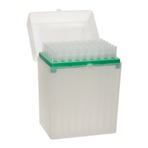 The Thermo Scientific Finntip 5mL Tip Rack (0.5-5mL, Green, 5x54/rack) features a green tray with clear pipette tips in rows inside a plastic storage box with a hinged lid.