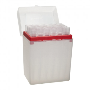 A transparent plastic storage box with an open hinged lid holds a Thermo Scientific Finntip 10mL Rack, Red, 1-10mL, 5x24/rack, containing multiple clear cylindrical tubes.